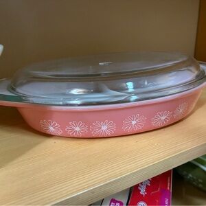Pyrex Pink Daisy Divided Dish with Lid